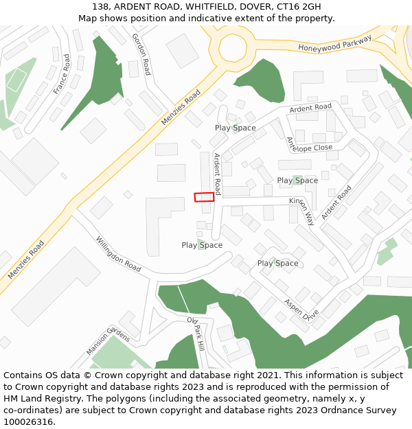 138, ARDENT ROAD, WHITFIELD, DOVER, CT16 2GH: Location map and indicative extent of plot