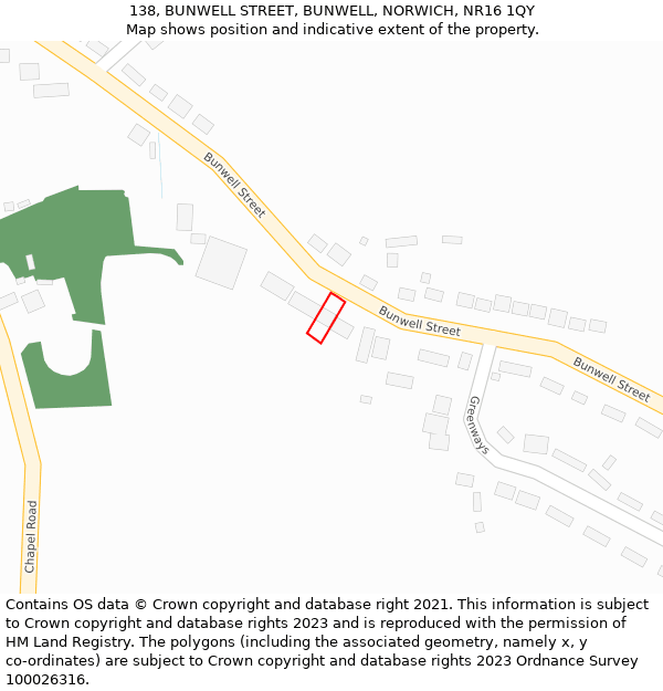 138, BUNWELL STREET, BUNWELL, NORWICH, NR16 1QY: Location map and indicative extent of plot