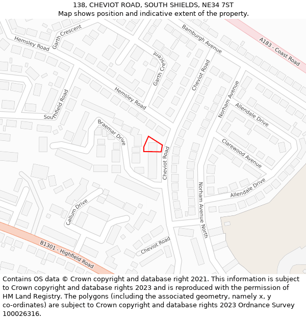 138, CHEVIOT ROAD, SOUTH SHIELDS, NE34 7ST: Location map and indicative extent of plot
