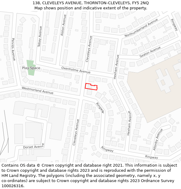 138, CLEVELEYS AVENUE, THORNTON-CLEVELEYS, FY5 2NQ: Location map and indicative extent of plot