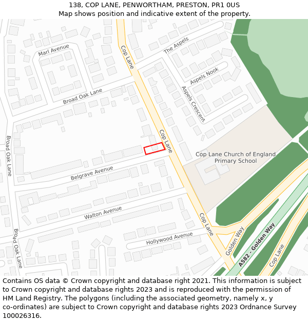 138, COP LANE, PENWORTHAM, PRESTON, PR1 0US: Location map and indicative extent of plot