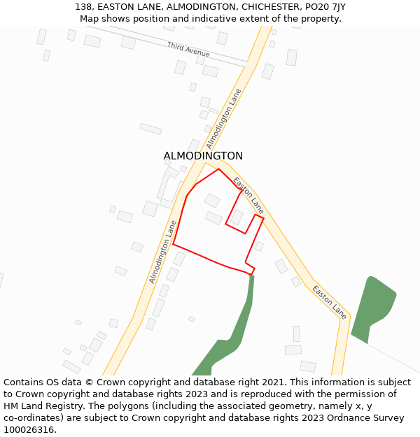 138, EASTON LANE, ALMODINGTON, CHICHESTER, PO20 7JY: Location map and indicative extent of plot