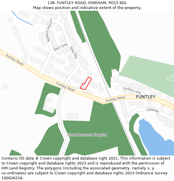 138, FUNTLEY ROAD, FAREHAM, PO15 6DL: Location map and indicative extent of plot