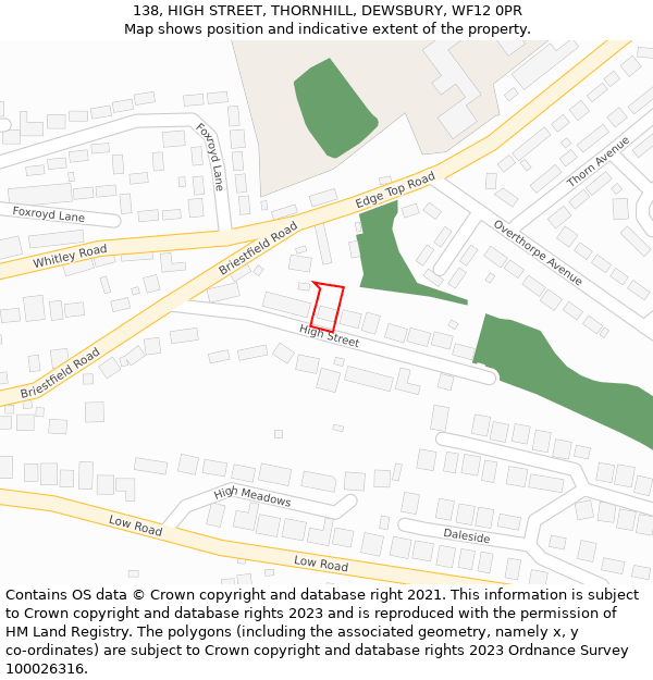 138, HIGH STREET, THORNHILL, DEWSBURY, WF12 0PR: Location map and indicative extent of plot