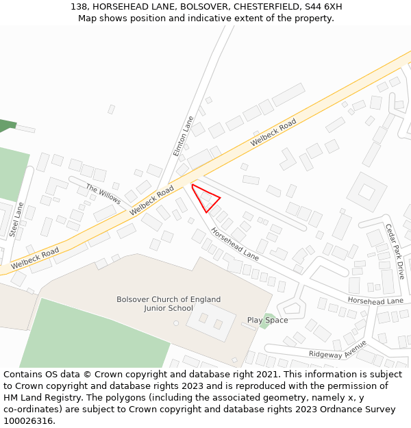138, HORSEHEAD LANE, BOLSOVER, CHESTERFIELD, S44 6XH: Location map and indicative extent of plot