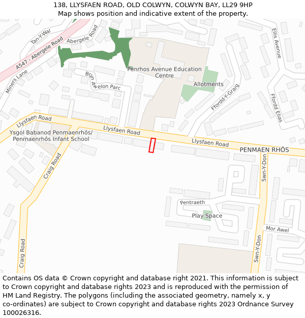 138, LLYSFAEN ROAD, OLD COLWYN, COLWYN BAY, LL29 9HP: Location map and indicative extent of plot