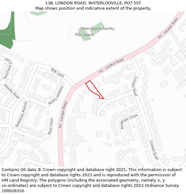 138, LONDON ROAD, WATERLOOVILLE, PO7 5ST: Location map and indicative extent of plot