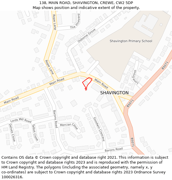 138, MAIN ROAD, SHAVINGTON, CREWE, CW2 5DP: Location map and indicative extent of plot