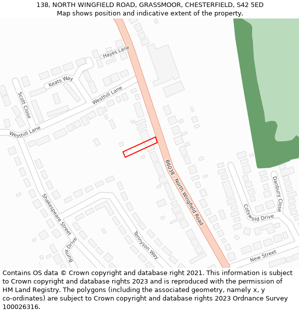 138, NORTH WINGFIELD ROAD, GRASSMOOR, CHESTERFIELD, S42 5ED: Location map and indicative extent of plot