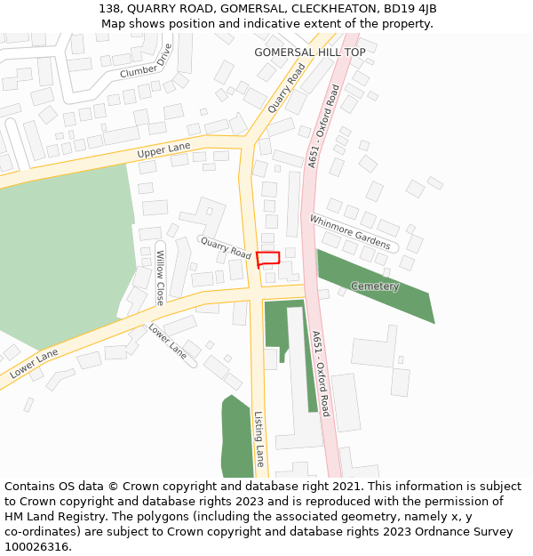 138, QUARRY ROAD, GOMERSAL, CLECKHEATON, BD19 4JB: Location map and indicative extent of plot