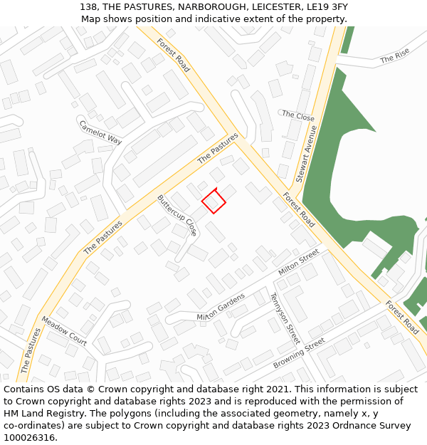138, THE PASTURES, NARBOROUGH, LEICESTER, LE19 3FY: Location map and indicative extent of plot