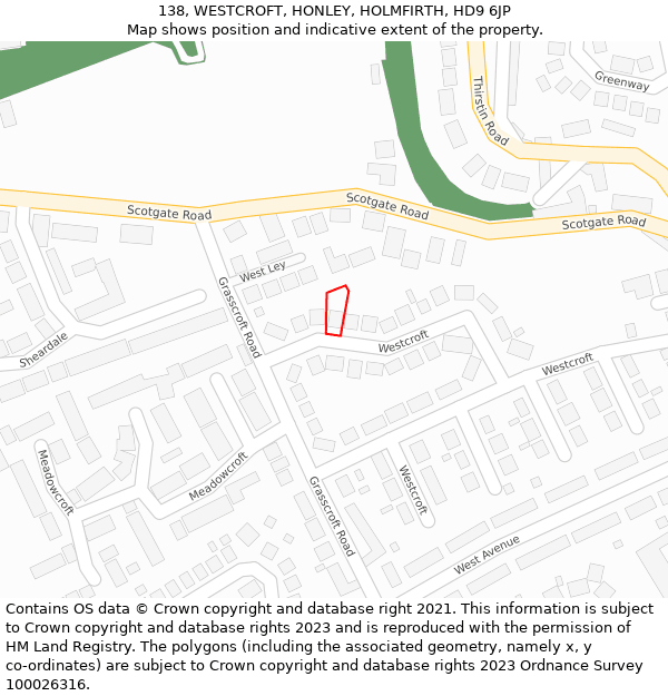 138, WESTCROFT, HONLEY, HOLMFIRTH, HD9 6JP: Location map and indicative extent of plot