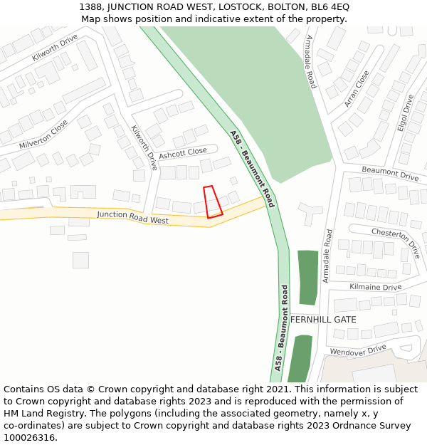 1388, JUNCTION ROAD WEST, LOSTOCK, BOLTON, BL6 4EQ: Location map and indicative extent of plot