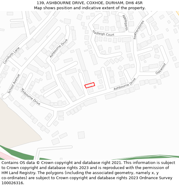 139, ASHBOURNE DRIVE, COXHOE, DURHAM, DH6 4SR: Location map and indicative extent of plot