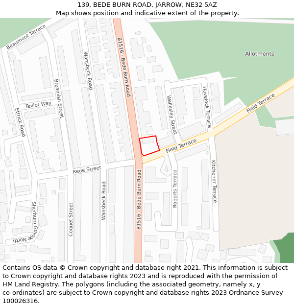139, BEDE BURN ROAD, JARROW, NE32 5AZ: Location map and indicative extent of plot