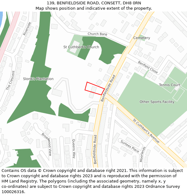 139, BENFIELDSIDE ROAD, CONSETT, DH8 0RN: Location map and indicative extent of plot