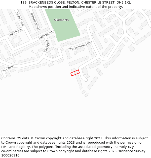 139, BRACKENBEDS CLOSE, PELTON, CHESTER LE STREET, DH2 1XL: Location map and indicative extent of plot