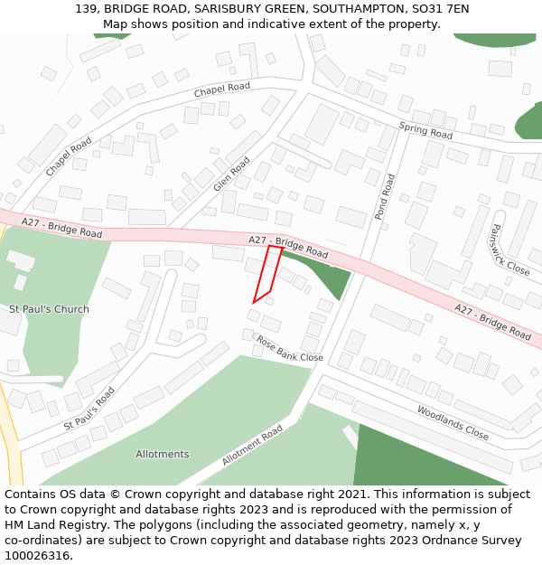 139, BRIDGE ROAD, SARISBURY GREEN, SOUTHAMPTON, SO31 7EN: Location map and indicative extent of plot