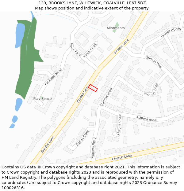 139, BROOKS LANE, WHITWICK, COALVILLE, LE67 5DZ: Location map and indicative extent of plot