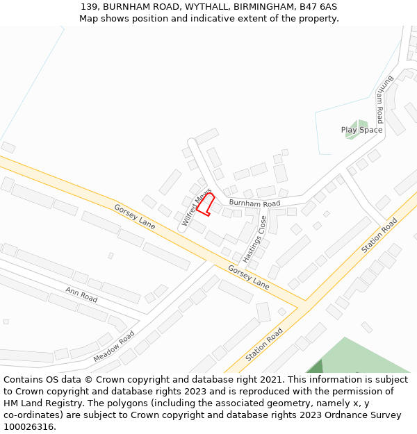 139, BURNHAM ROAD, WYTHALL, BIRMINGHAM, B47 6AS: Location map and indicative extent of plot
