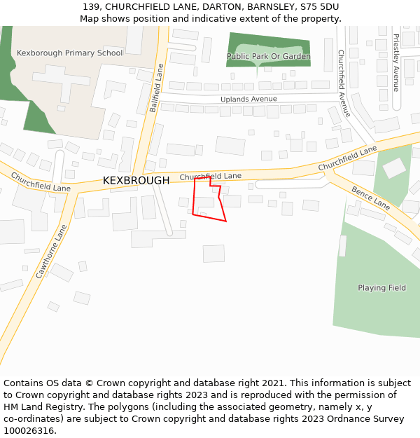 139, CHURCHFIELD LANE, DARTON, BARNSLEY, S75 5DU: Location map and indicative extent of plot