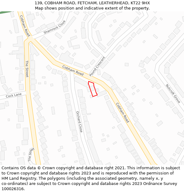 139, COBHAM ROAD, FETCHAM, LEATHERHEAD, KT22 9HX: Location map and indicative extent of plot