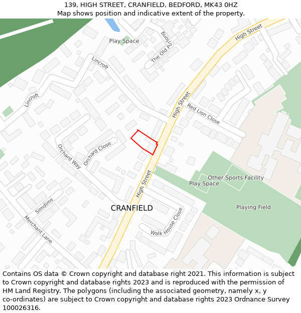 139, HIGH STREET, CRANFIELD, BEDFORD, MK43 0HZ: Location map and indicative extent of plot