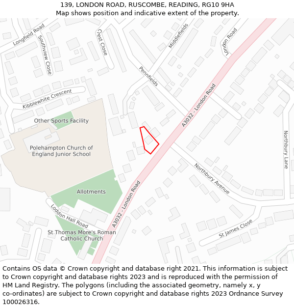 139, LONDON ROAD, RUSCOMBE, READING, RG10 9HA: Location map and indicative extent of plot