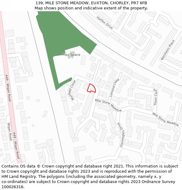 139, MILE STONE MEADOW, EUXTON, CHORLEY, PR7 6FB: Location map and indicative extent of plot