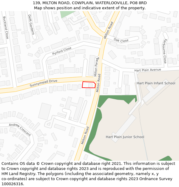 139, MILTON ROAD, COWPLAIN, WATERLOOVILLE, PO8 8RD: Location map and indicative extent of plot