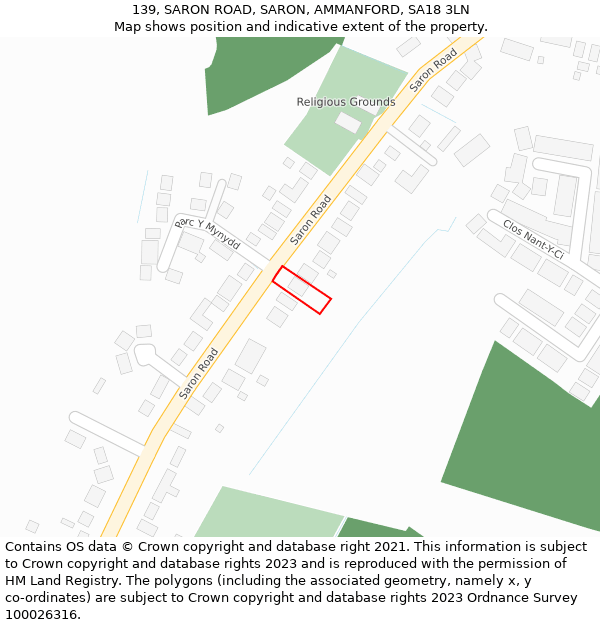 139, SARON ROAD, SARON, AMMANFORD, SA18 3LN: Location map and indicative extent of plot