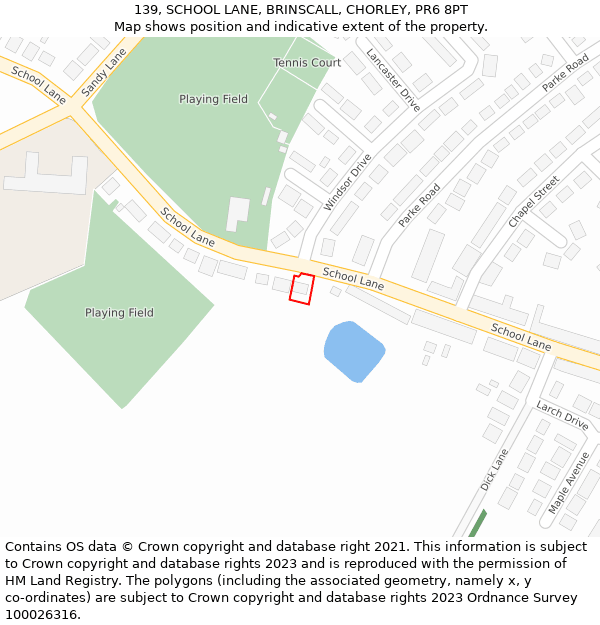 139, SCHOOL LANE, BRINSCALL, CHORLEY, PR6 8PT: Location map and indicative extent of plot
