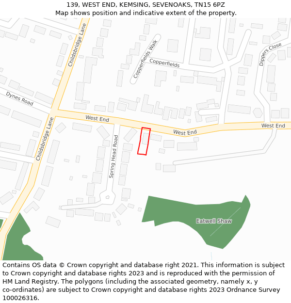139, WEST END, KEMSING, SEVENOAKS, TN15 6PZ: Location map and indicative extent of plot