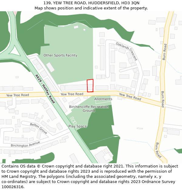 139, YEW TREE ROAD, HUDDERSFIELD, HD3 3QN: Location map and indicative extent of plot