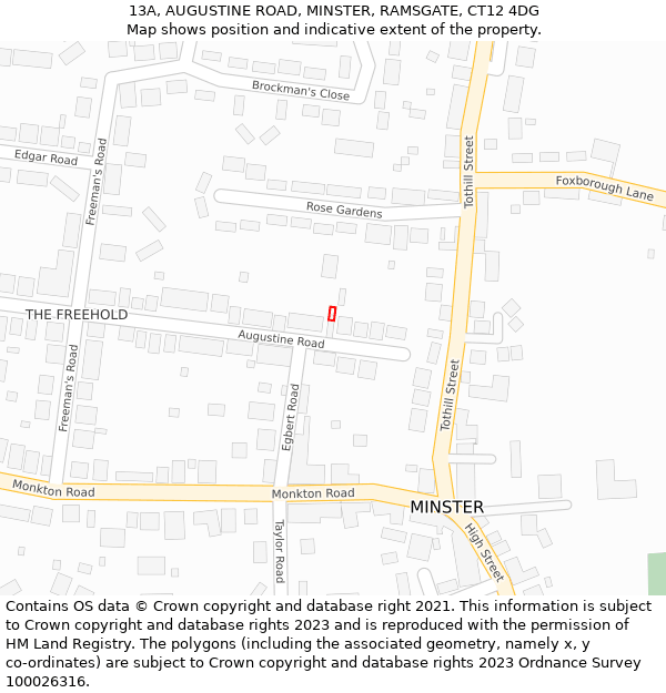 13A, AUGUSTINE ROAD, MINSTER, RAMSGATE, CT12 4DG: Location map and indicative extent of plot