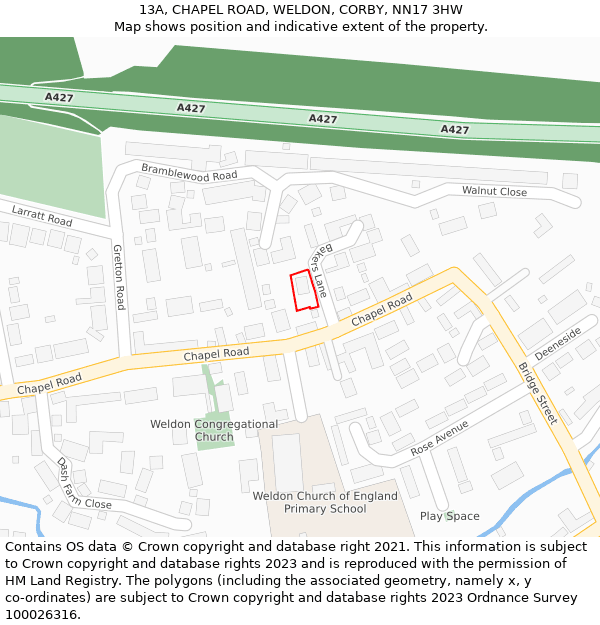13A, CHAPEL ROAD, WELDON, CORBY, NN17 3HW: Location map and indicative extent of plot