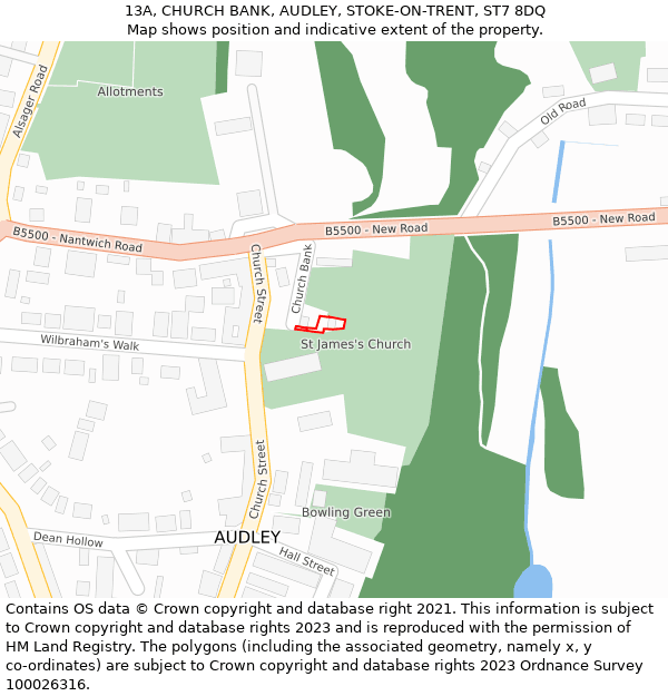 13A, CHURCH BANK, AUDLEY, STOKE-ON-TRENT, ST7 8DQ: Location map and indicative extent of plot