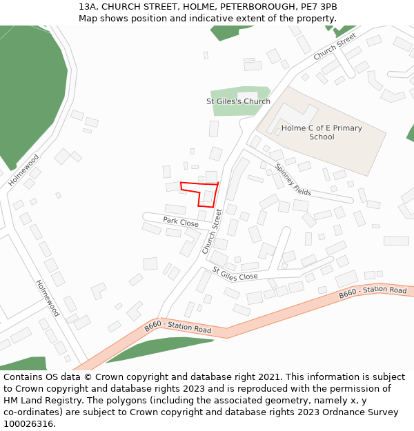 13A, CHURCH STREET, HOLME, PETERBOROUGH, PE7 3PB: Location map and indicative extent of plot