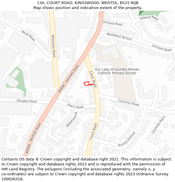 13A, COURT ROAD, KINGSWOOD, BRISTOL, BS15 9QB: Location map and indicative extent of plot