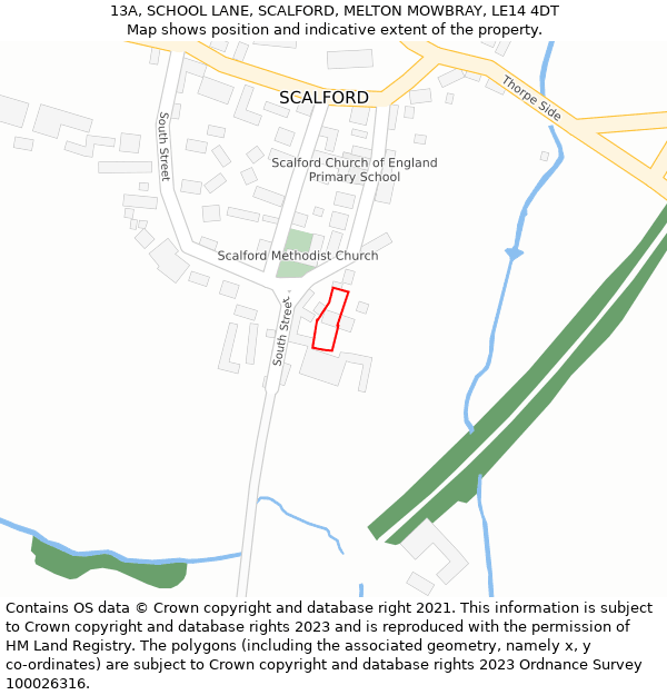 13A, SCHOOL LANE, SCALFORD, MELTON MOWBRAY, LE14 4DT: Location map and indicative extent of plot