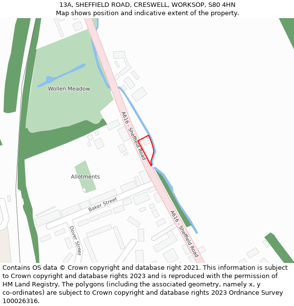 13A, SHEFFIELD ROAD, CRESWELL, WORKSOP, S80 4HN: Location map and indicative extent of plot