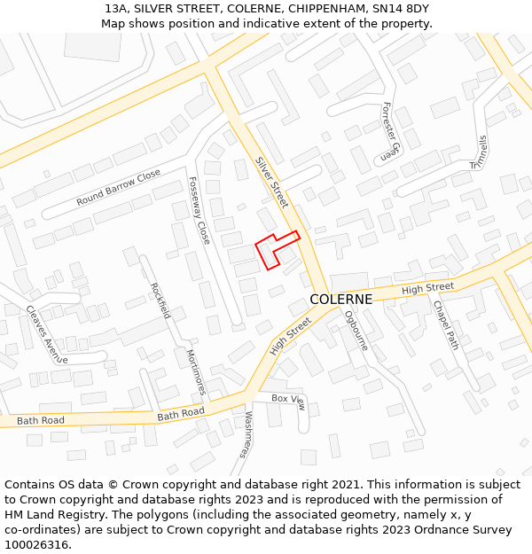 13A, SILVER STREET, COLERNE, CHIPPENHAM, SN14 8DY: Location map and indicative extent of plot