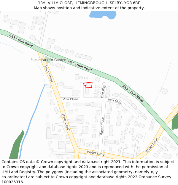 13A, VILLA CLOSE, HEMINGBROUGH, SELBY, YO8 6RE: Location map and indicative extent of plot