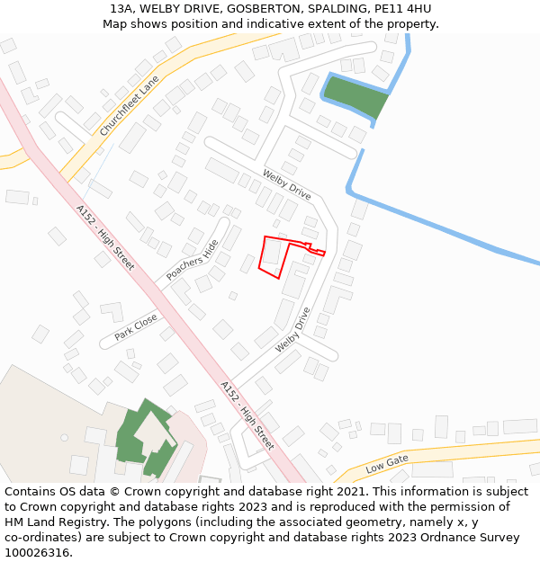 13A, WELBY DRIVE, GOSBERTON, SPALDING, PE11 4HU: Location map and indicative extent of plot