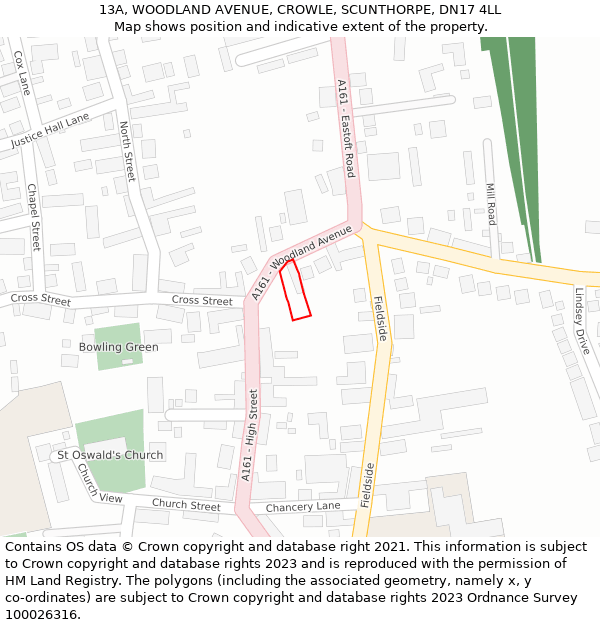 13A, WOODLAND AVENUE, CROWLE, SCUNTHORPE, DN17 4LL: Location map and indicative extent of plot