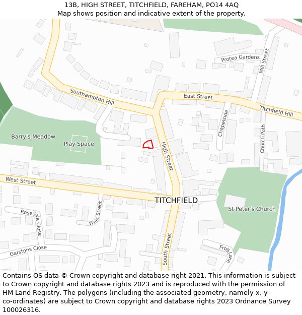 13B, HIGH STREET, TITCHFIELD, FAREHAM, PO14 4AQ: Location map and indicative extent of plot