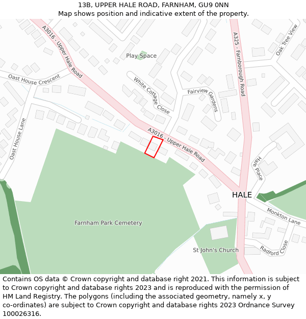 13B, UPPER HALE ROAD, FARNHAM, GU9 0NN: Location map and indicative extent of plot