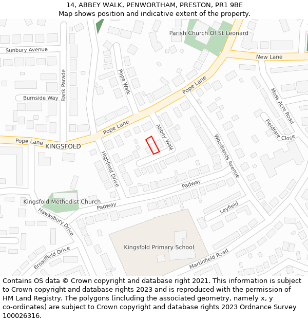 14, ABBEY WALK, PENWORTHAM, PRESTON, PR1 9BE: Location map and indicative extent of plot