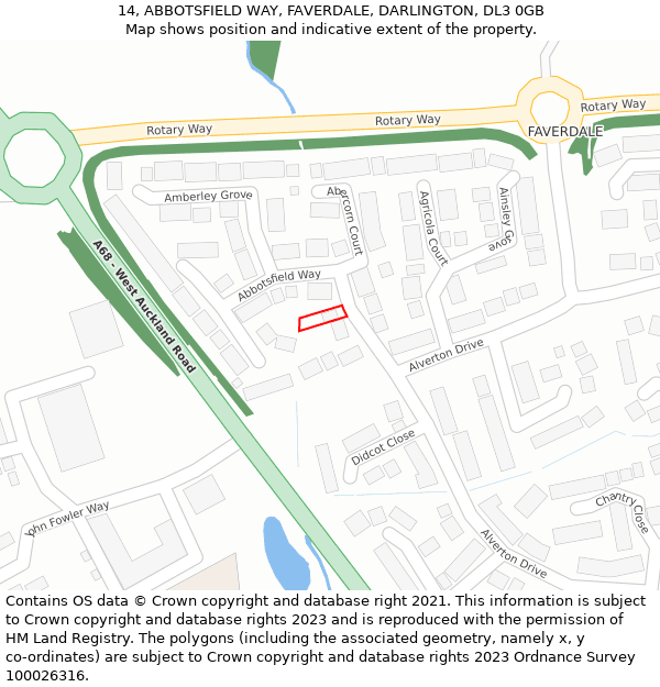 14, ABBOTSFIELD WAY, FAVERDALE, DARLINGTON, DL3 0GB: Location map and indicative extent of plot