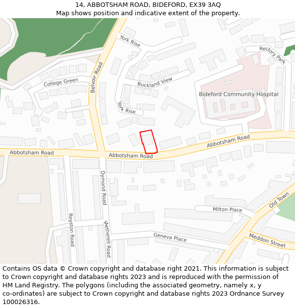 14, ABBOTSHAM ROAD, BIDEFORD, EX39 3AQ: Location map and indicative extent of plot